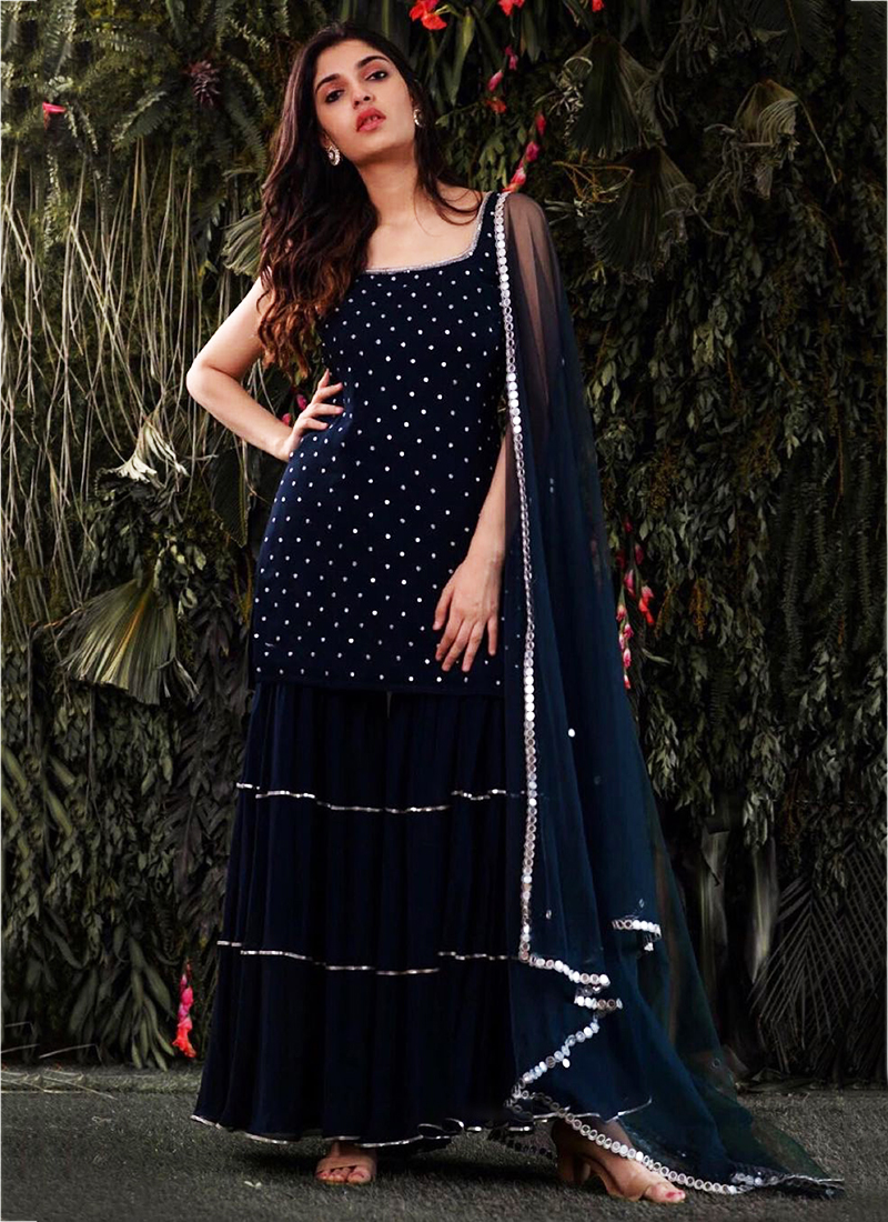 Buy Navy Blue Georgette Party Wear Mukaish Work Palazzo Suit ...