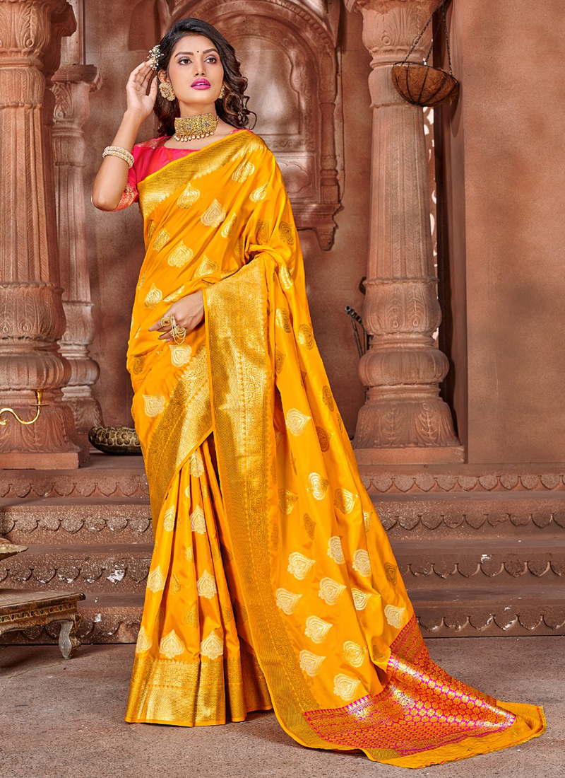 Stunning Yellow Color Moss Chiffon Soft Silk Wedding & Party Wear Saree