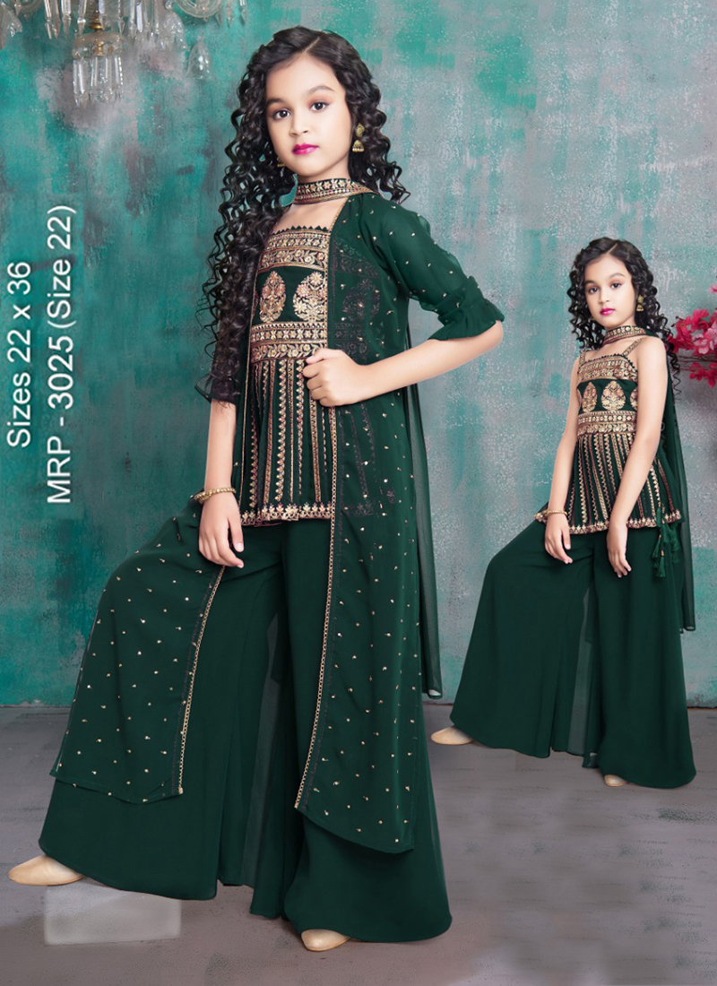 Dark Green Readymade Palazzo Suit With Shrug 6116