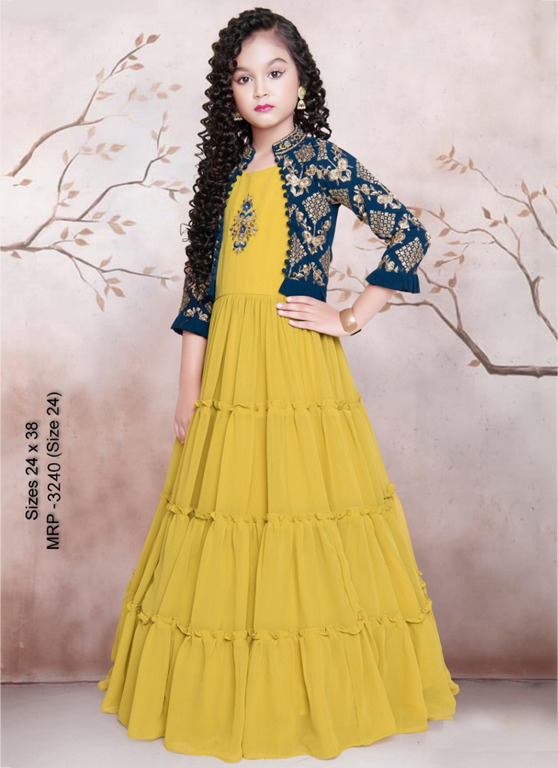 Yellow Floor Length Latest Design Gown With Shrug For Girls 4072