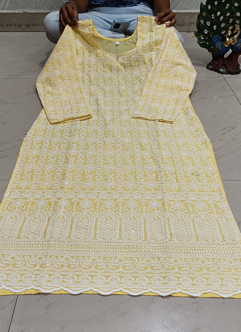 Women Cotton Chikankari Yellow Kurti