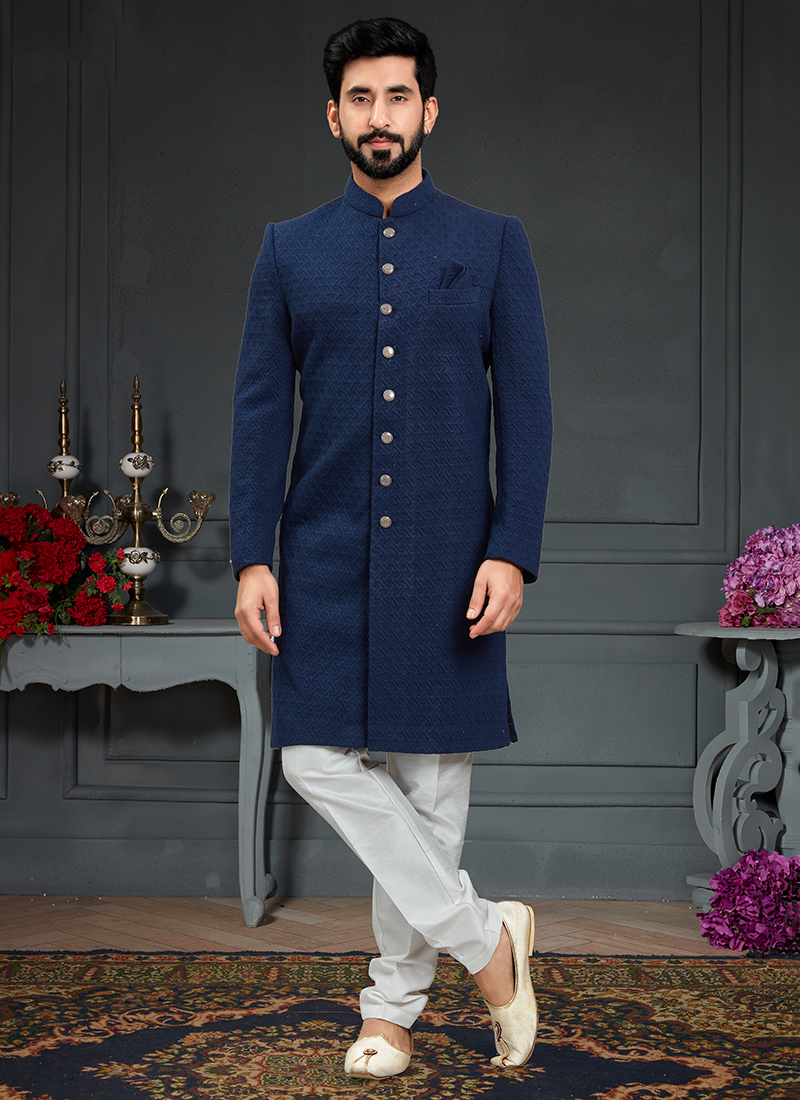 Three-Piece Nawabi Pure Silk Sherwani in Navy Blue For Men | The HUB