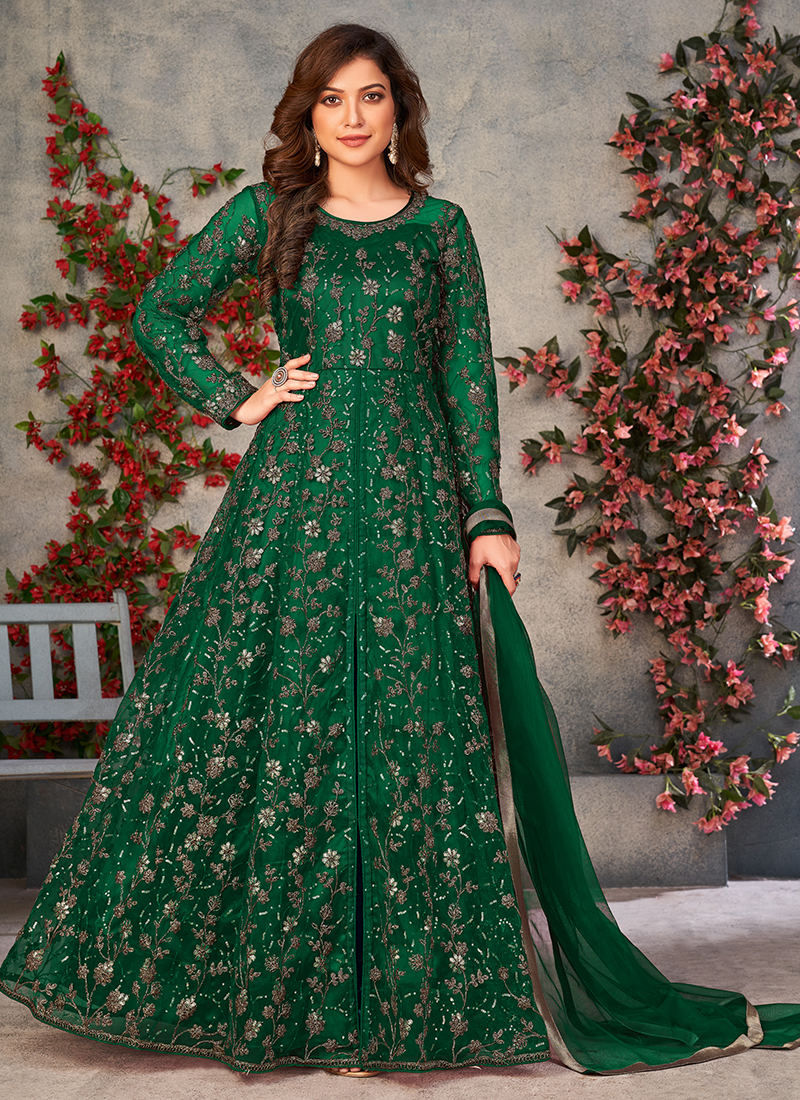 Buy Green Net Wedding Wear Embroidery Work Anarkali Suit ...