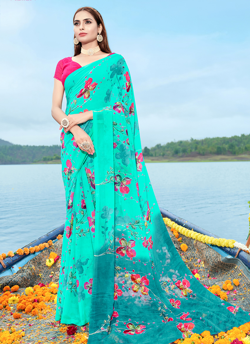 DAILY WEAR GEORGETTE PRINT SAREES WITH BORDER at best price in Surat | ID:  2851571862773