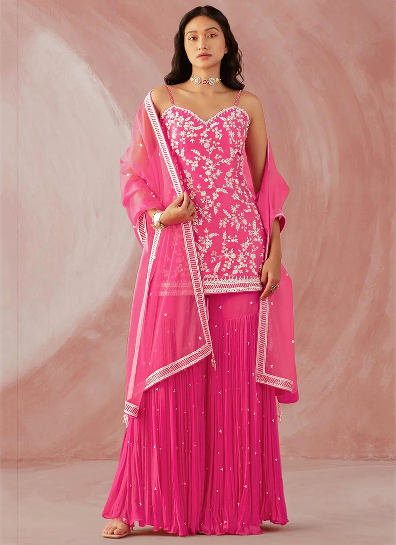 Buy Pink Faux Georgette Party Wear Embroidery Work Sharara Suit ...