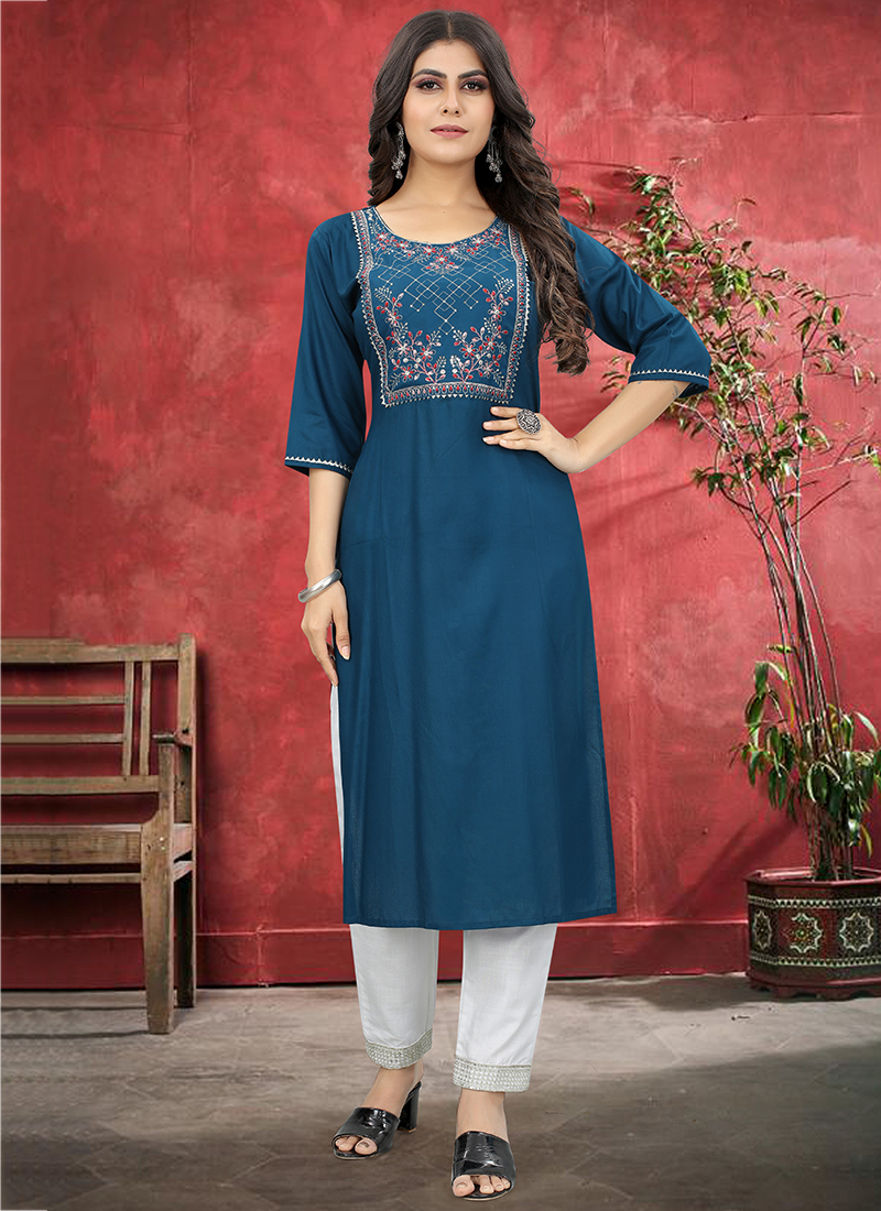 Classic Off-White Embroidered Kurti with Straight Pants – anokherang