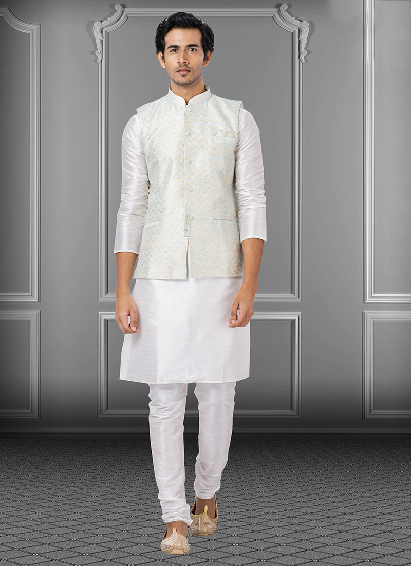 Buy White Dupion Raw Silk Traditional Wear Weaving Kurta Pajama