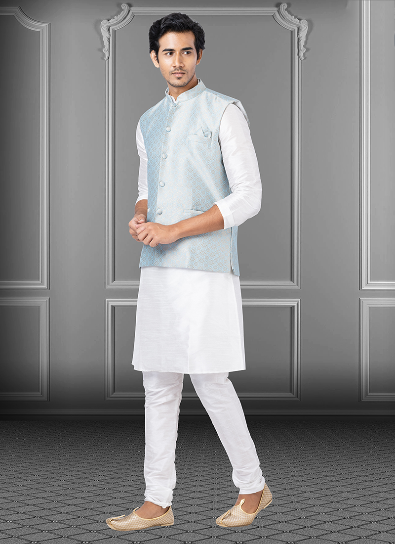 Buy Mint Blue Dupion Raw Silk Traditional Wear Weaving Kurta