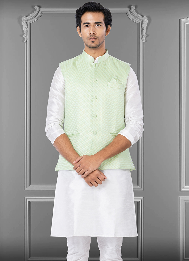 Pista Green Dimond Fabric Party Wear Weaving Waistcoat