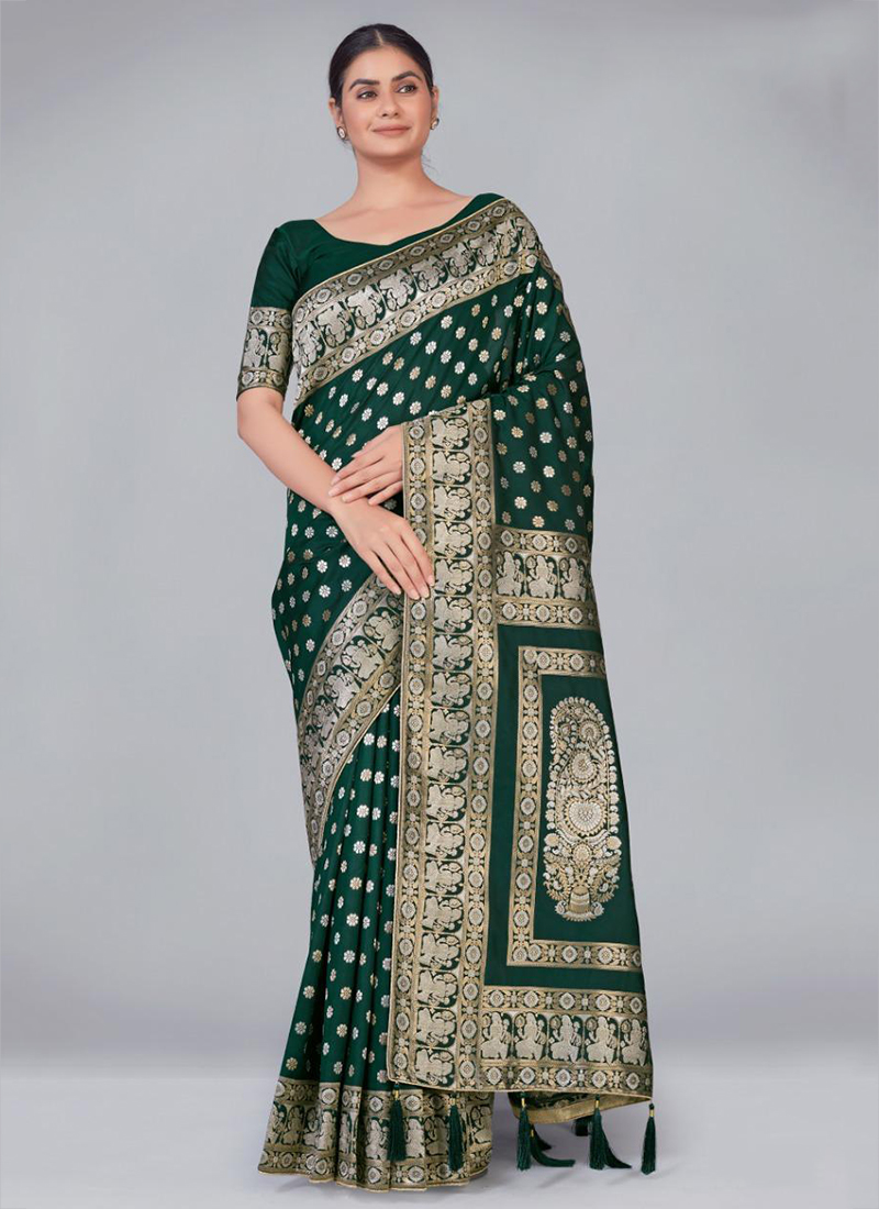 Blooming Dark Green Banarasi Silk Saree With Ethnic Blouse Piece at Rs  1799.00 | Banarasi Sarees | ID: 2853226949612