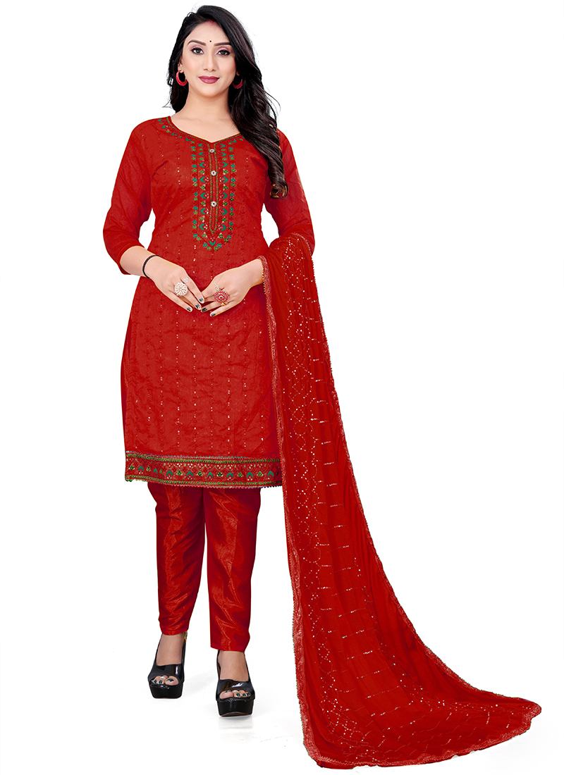 Light Brown & Red Chanderi Cotton Embroidered & Mirror Work Salwar Suit For  Women - Mf Next Com - 2436175