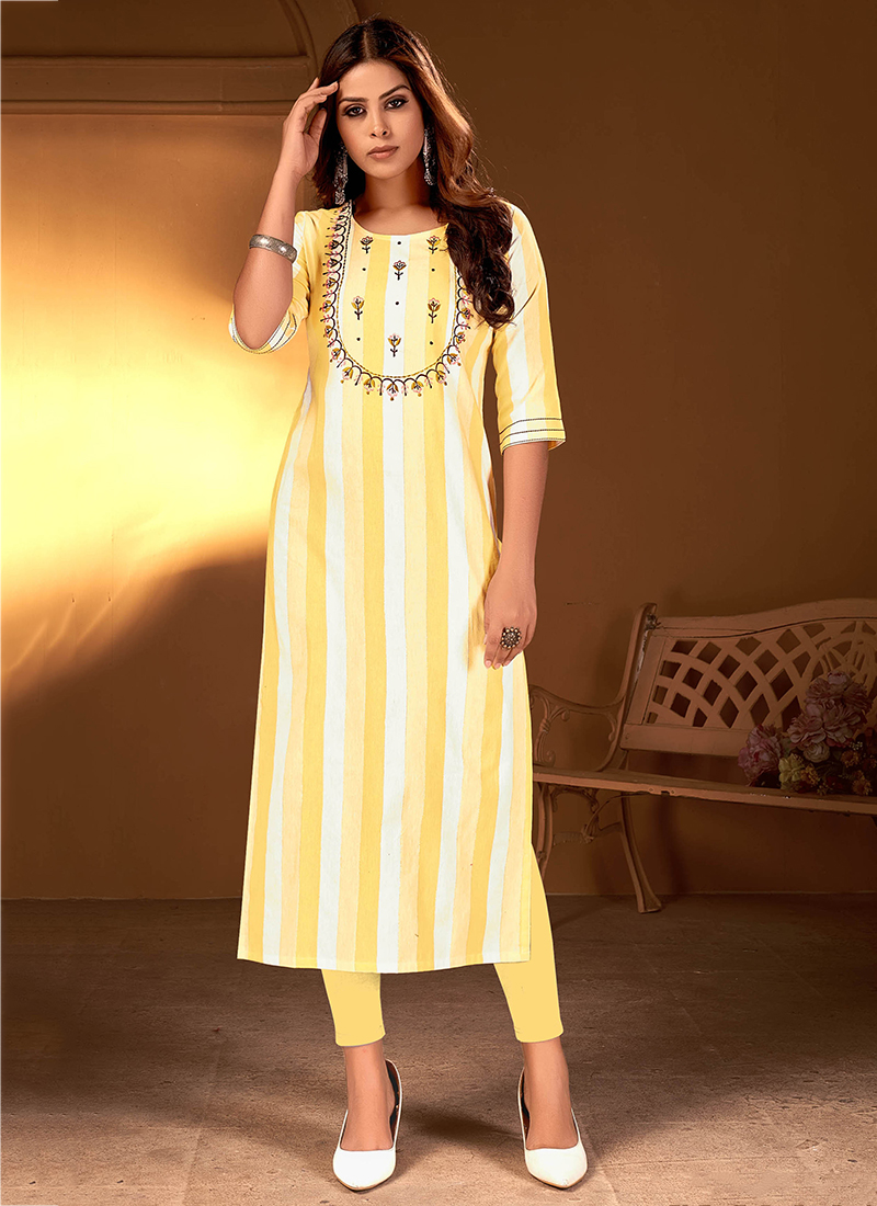 Casual Wear Yellow Color Full Stitched Plazzo Kurti Design Online