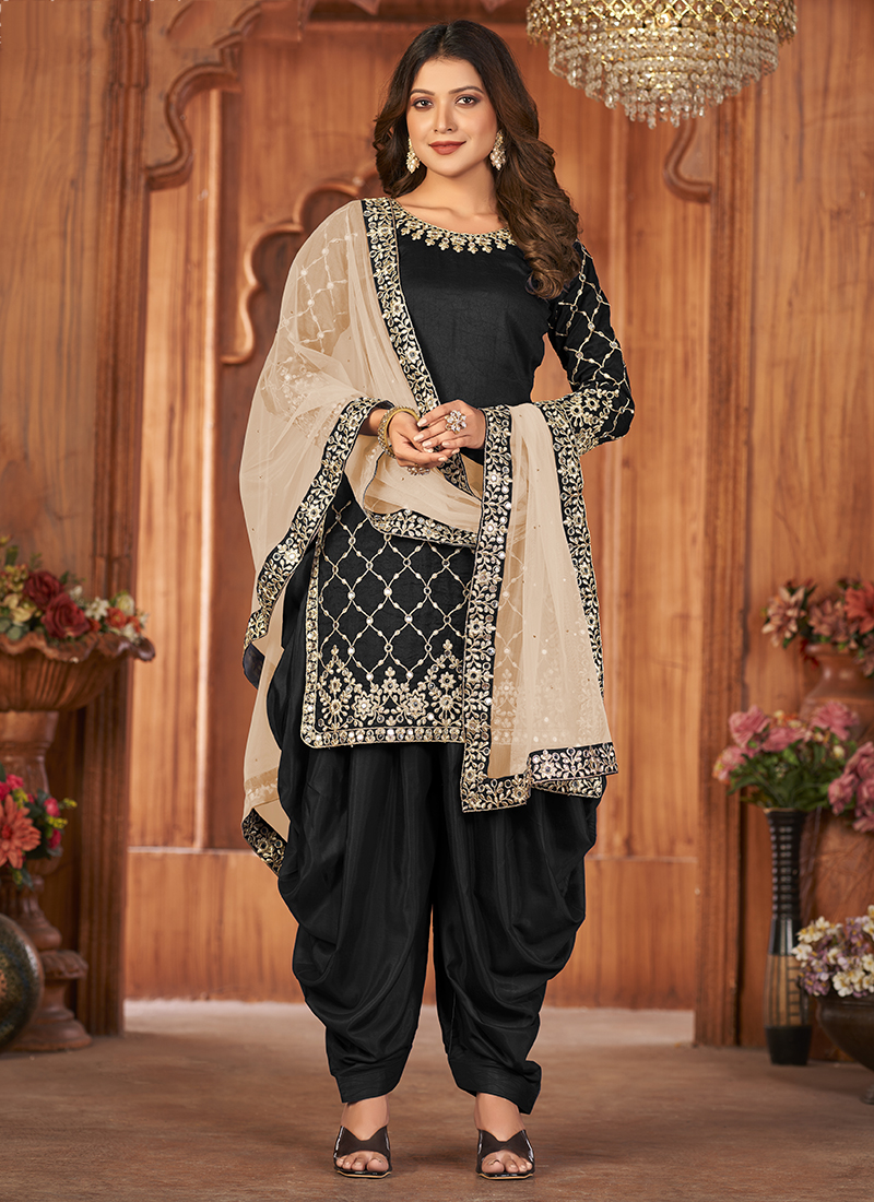 Buy Black Art Silk Traditional Wear Embroidery Work Patiyala Suit ...