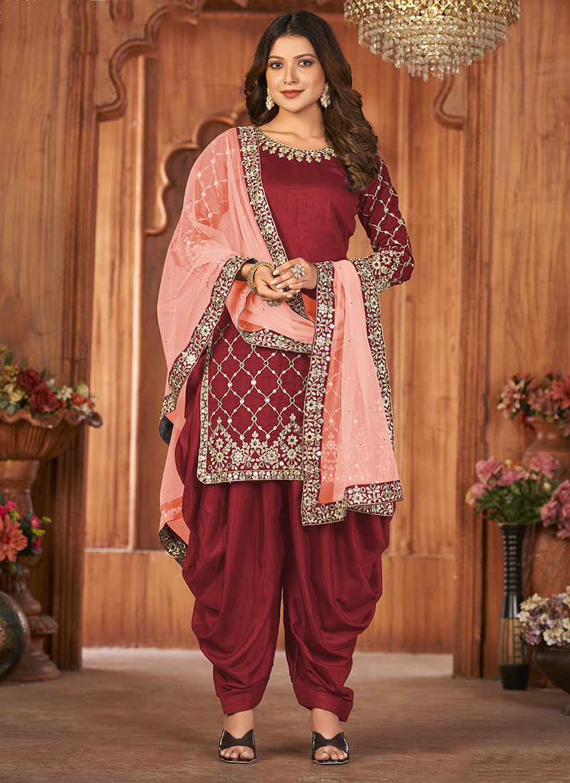 Buy Red Art Silk Traditional Wear Embroidery Work Patiyala Suit ...