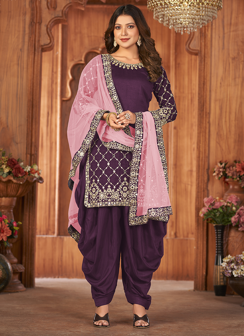 Buy Wine Art Silk Traditional Wear Embroidery Work Patiyala Suit ...