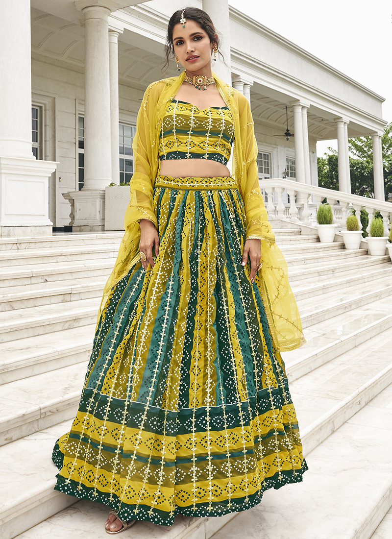 Buy Georgette Bottle Green and Yellow Designer Lehenga Choli Online