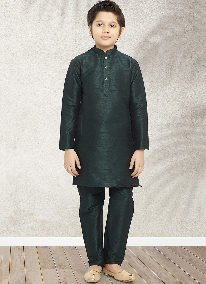 Boys Banarasi Silk Dress Set in Teal Green