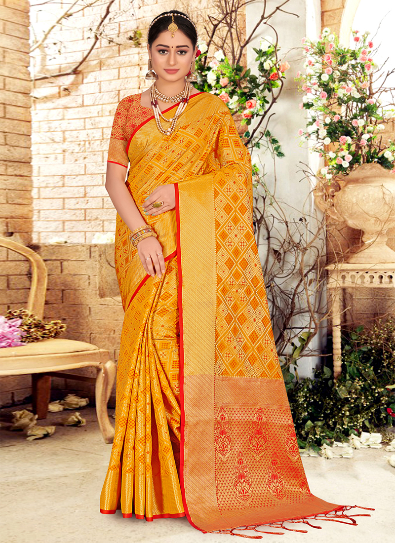 Yellow banarasi silk festival wear saree 6905