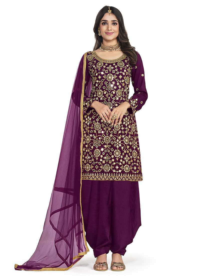 Buy Wine Soft Silk Wedding Wear Mirror Work Patiyala Suit Online ...