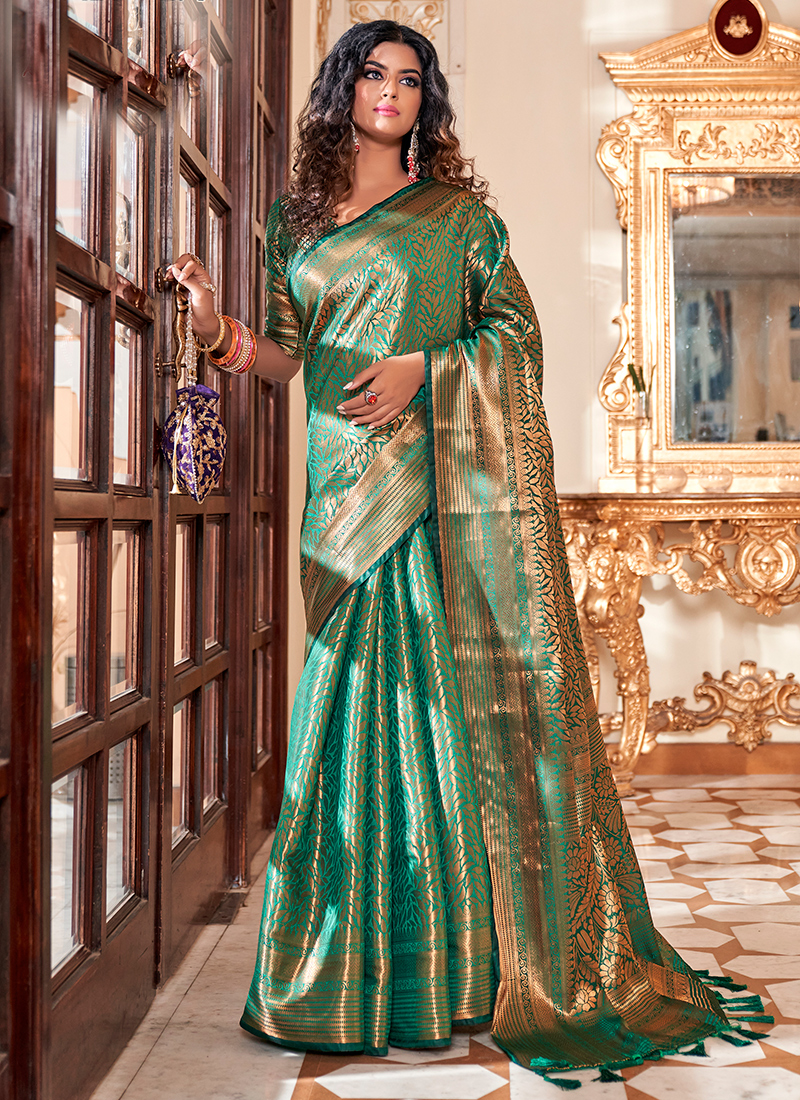 Buy Green Soft Silk Party Wear Kanjivaram Saree Online From ...