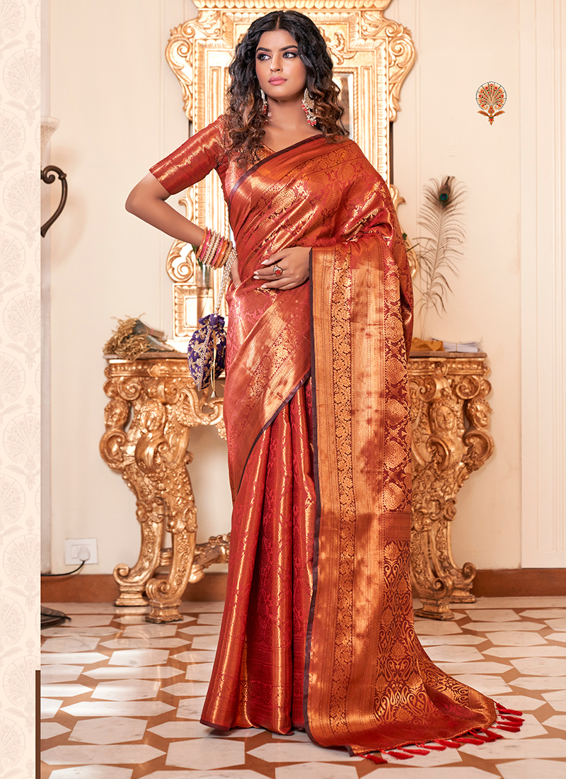 Buy Orange Soft Silk Party Wear Kanjivaram Saree Online From Wholesale Salwar 2970