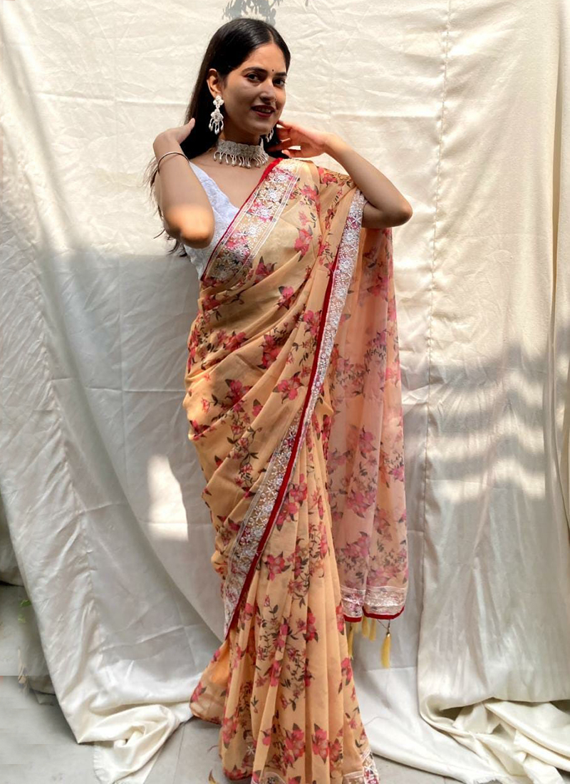 Buy Beige Chiffon Silk Casual Wear Printed Saree Online From ...
