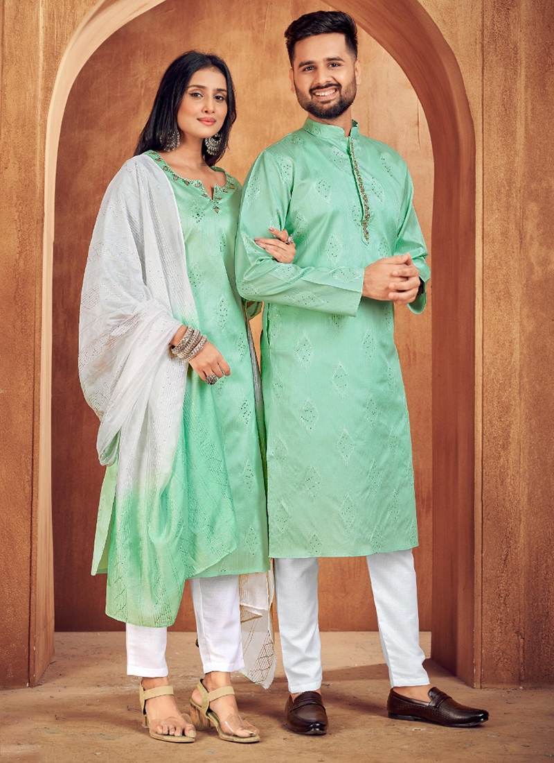 Buy Dheu Green & Turquoise Blue Handloom Cotton Silk Saree & Kurta Festive  Couple Set- (Size- M) Online at Best Prices in India - JioMart.