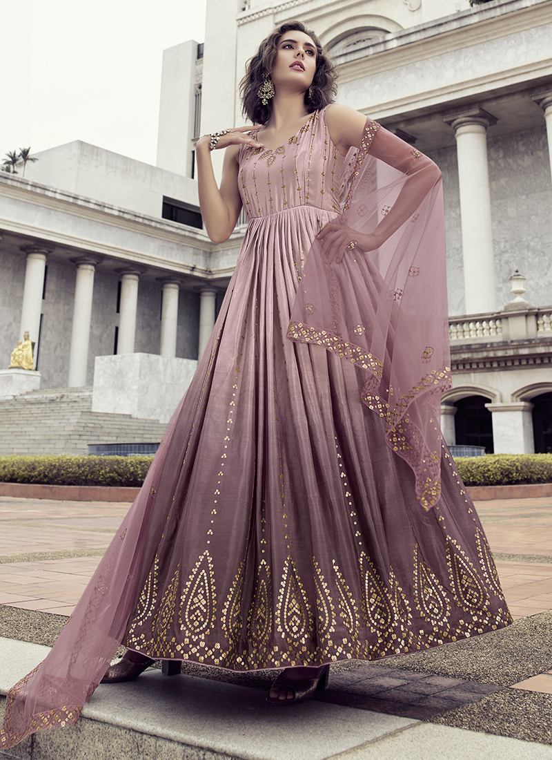 Buy Pink Chinnon Party Wear Thread Work Gown With Dupatta ...