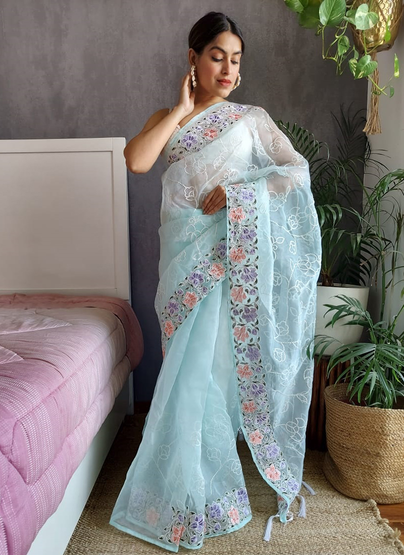 Pastel Beige Printed Organza Saree With Embroidery | Singhania's