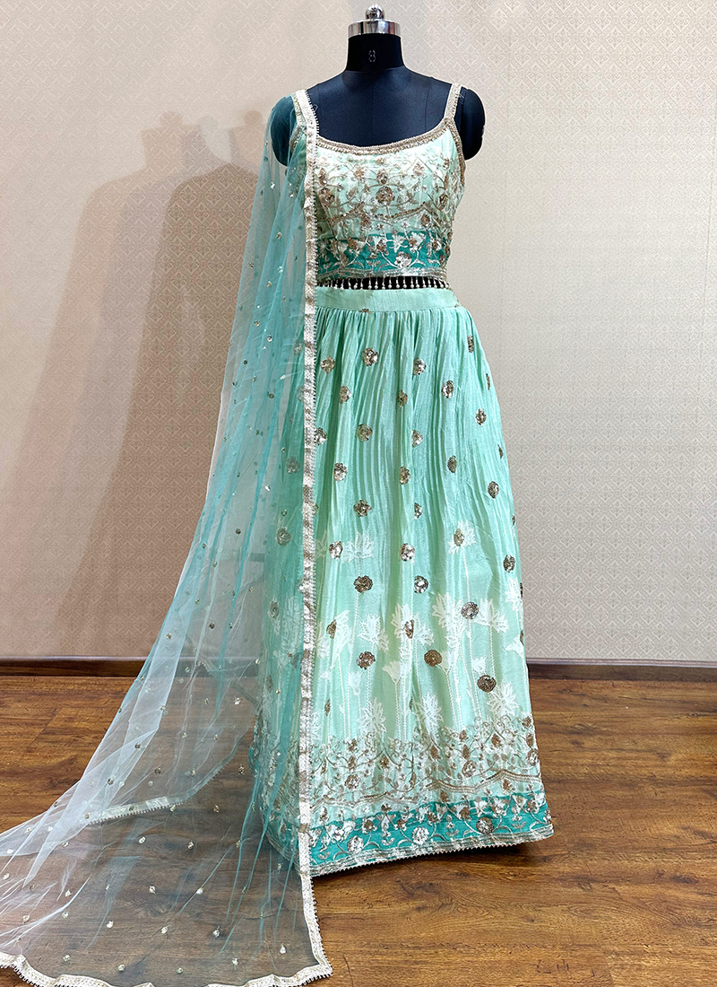 Buy Pista Green Viscose Engagement Lehenga Choli with Heavy Embroidery Work  From Khushkar. FREE STITCHING FOR USA