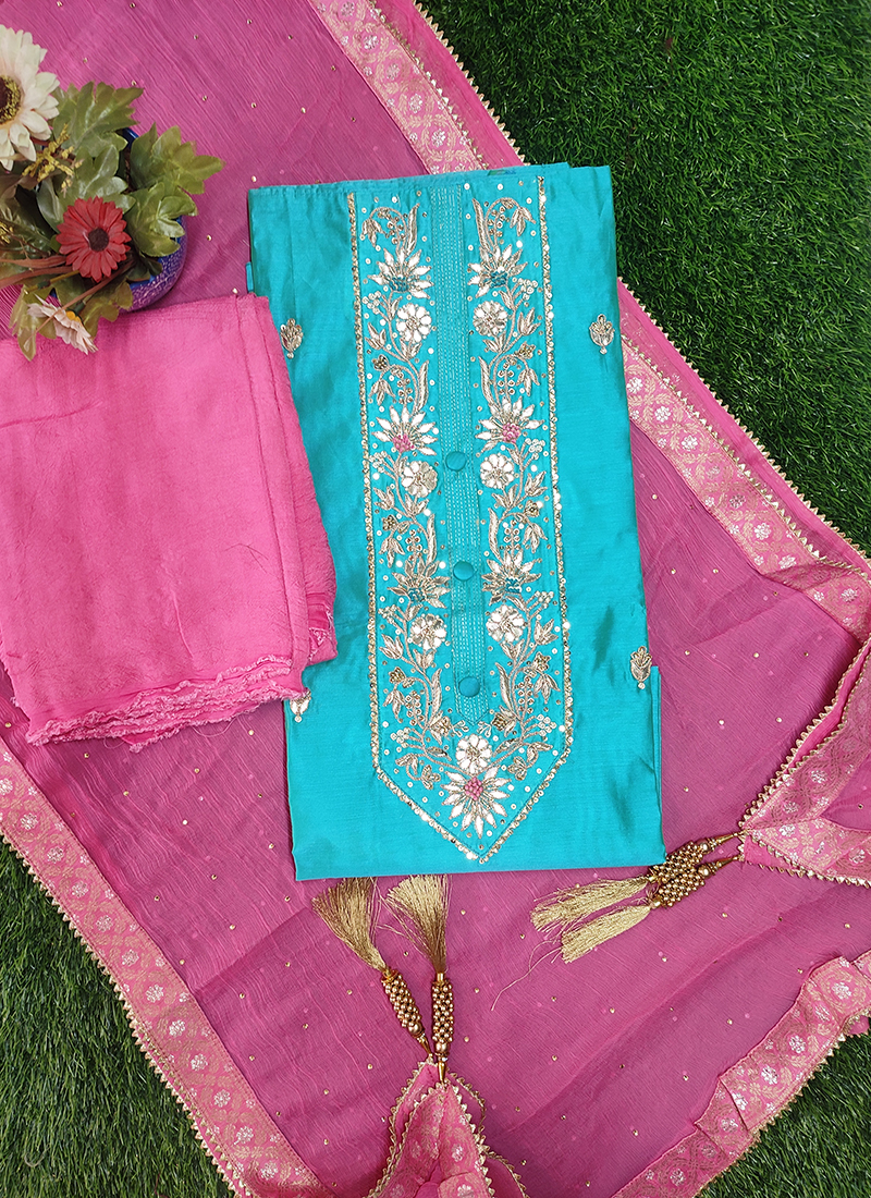 Blue Chanderi Party Wear Embroidery Work Salwar Suit