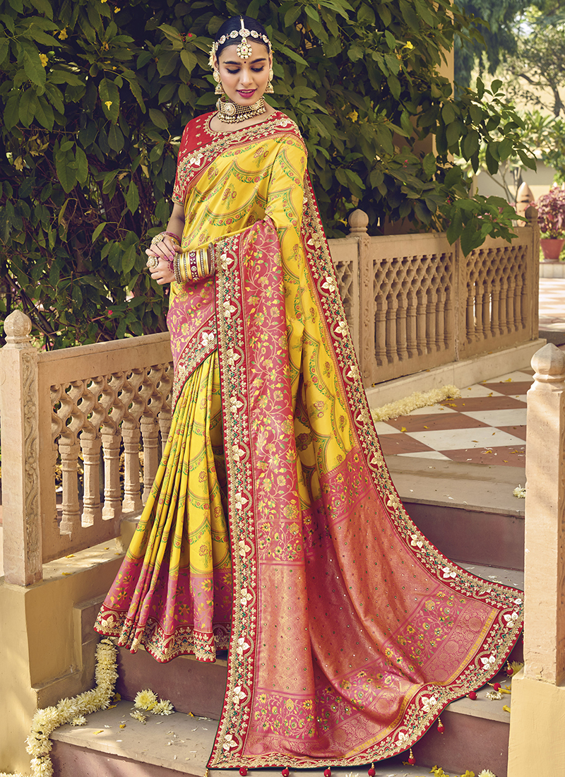 Buy Yellow Pure Silk Wedding Wear Embroidery Work Saree Online ...