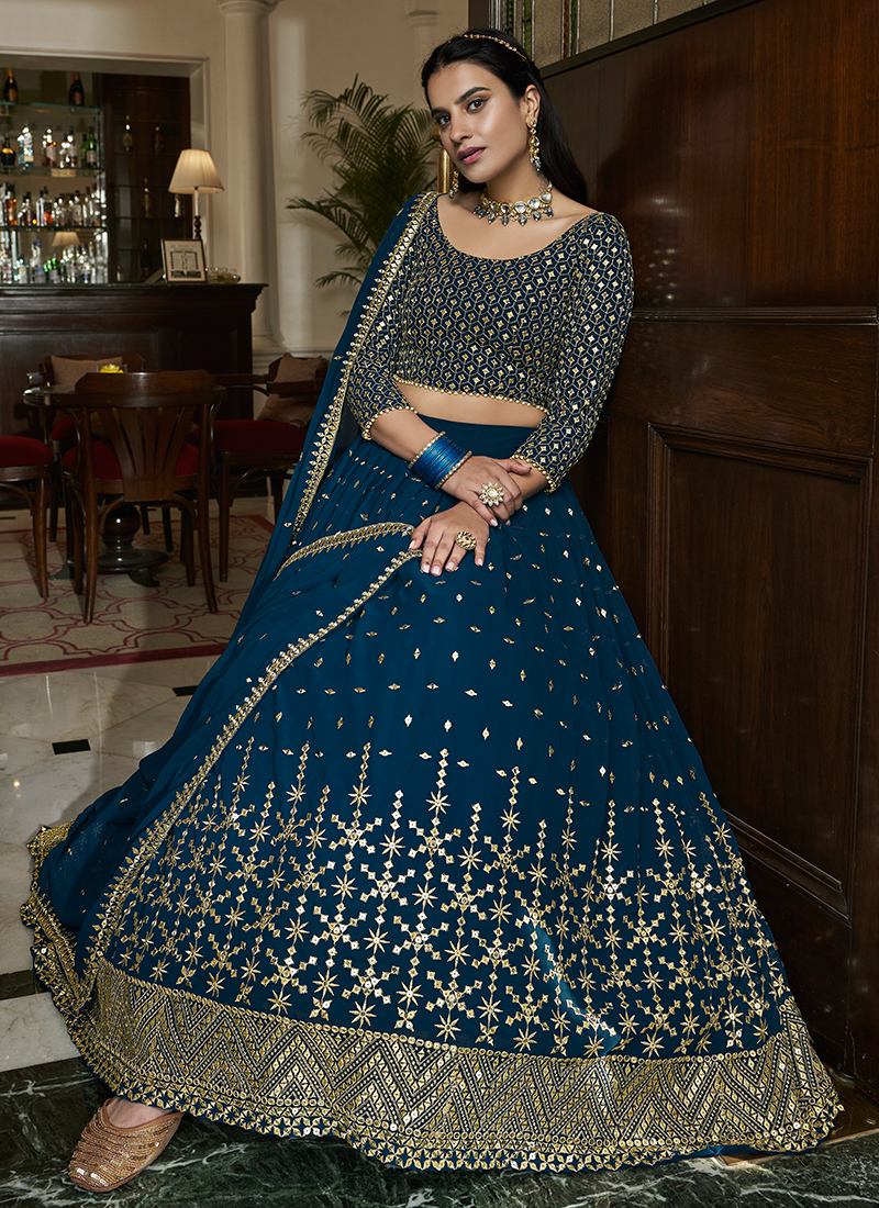 Buy Navy Blue Georgette Wedding Wear Zari Work Lehenga Choli Online From  Wholesale Salwar.