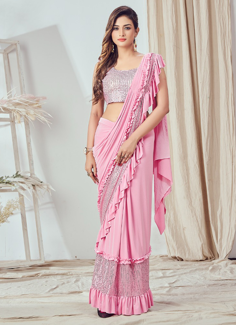 Pink lycra handwork party wear saree 5812
