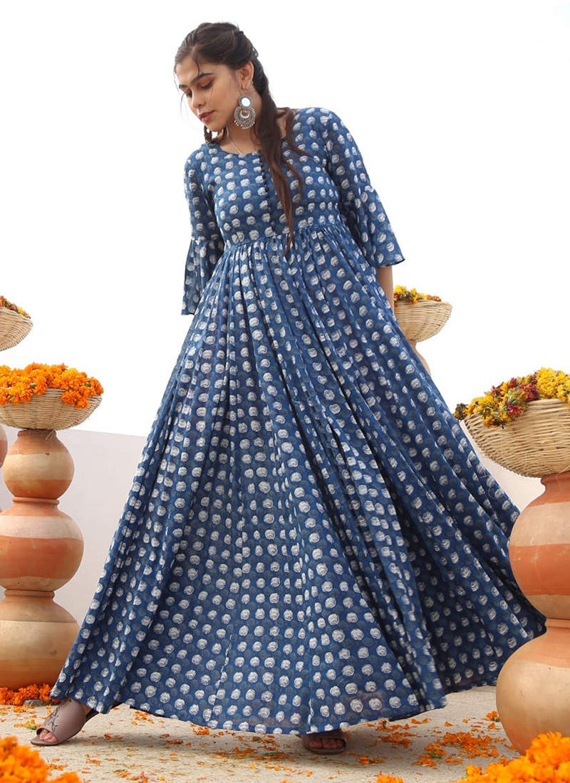Cotton Sunshine Orange Floral Printed Ruffle Flared Gown, 3/4 Sleeve at Rs  790/piece in Surat