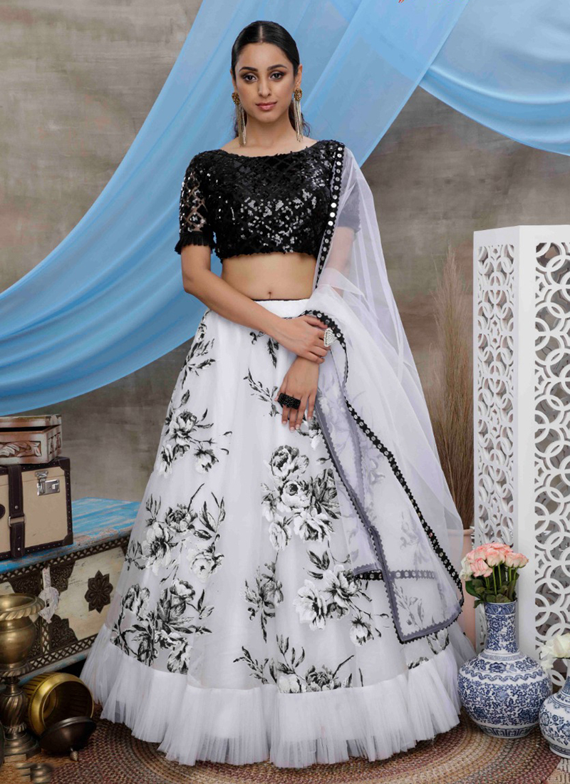 Fabulous White Sequins Embroidered Silk Party Wear Lehenga C