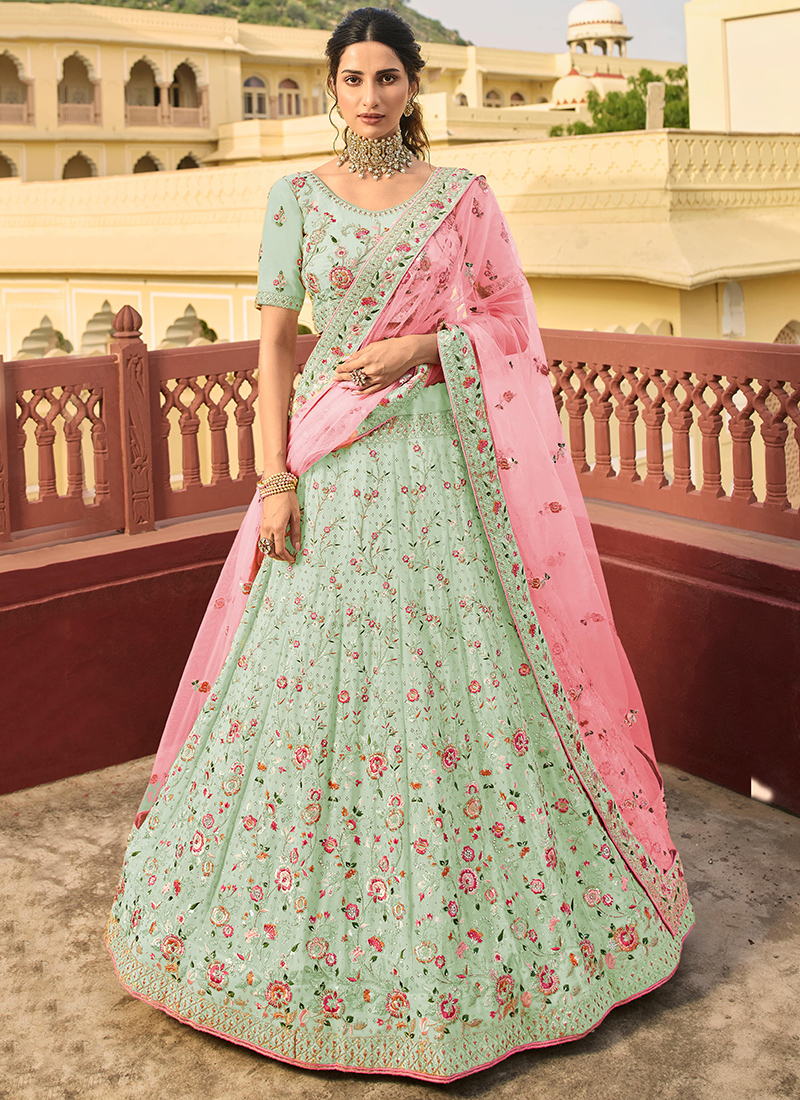 Sequins And Stone Work Pista Green Color Lehenga Choli