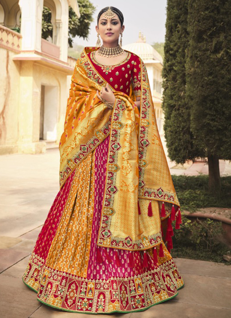 Mustard Yellow Zarkan Work Silk Semi Stitched Bridal Lehenga Choli Wit –  Parvati Ethnic