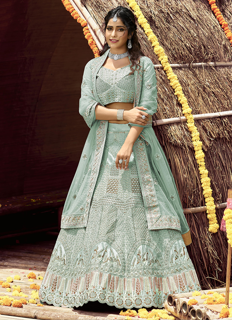 Buy Turquoise Blue Velvet Wedding Wear Dori Work Lehenga Choli Online From  Wholesale Salwar.