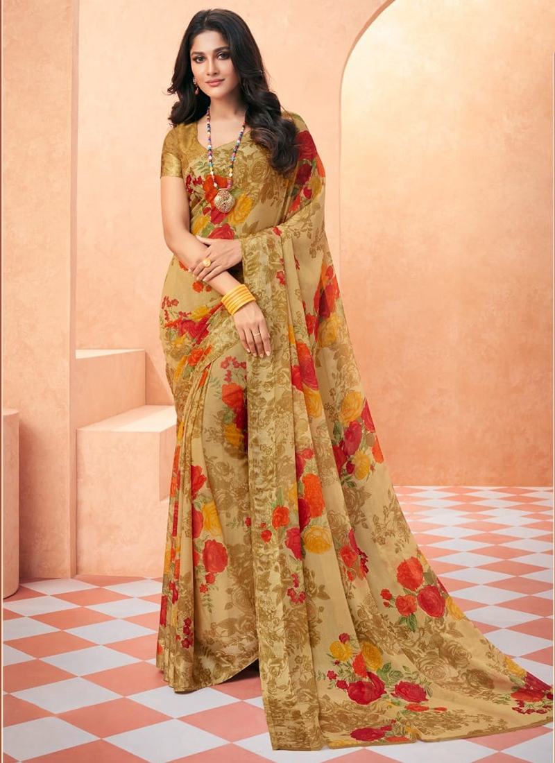 Women Plain Weave Chiffon Floral Printed Saree with Blouse Piece – Mirchi  Fashion