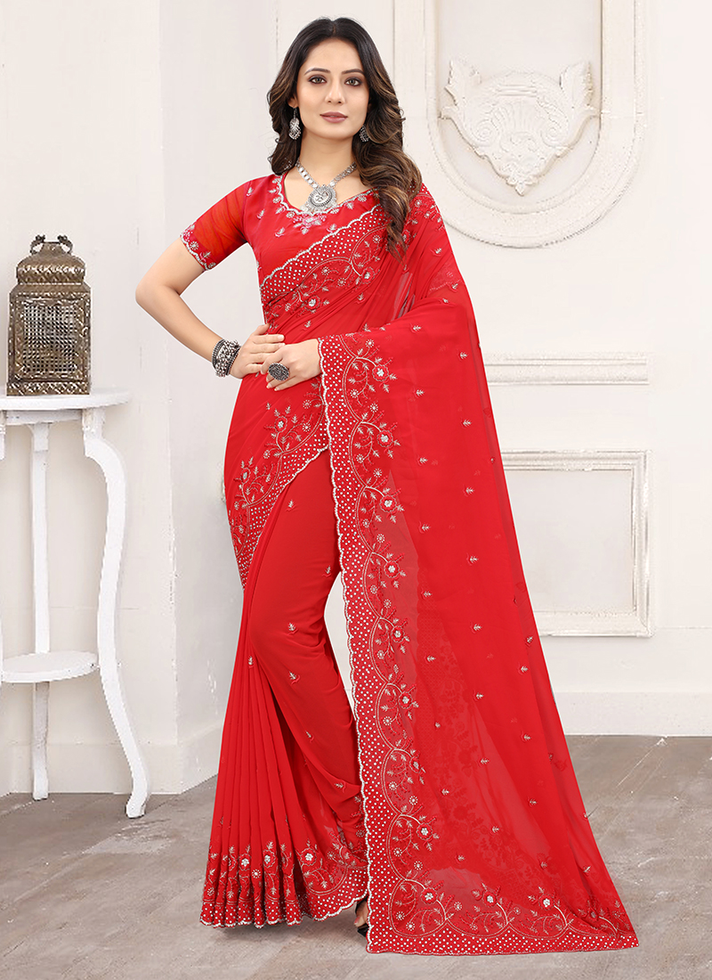 Buy Red Faux Georgette Embroidered Saree Party Wear Online at Best Price |  Cbazaar