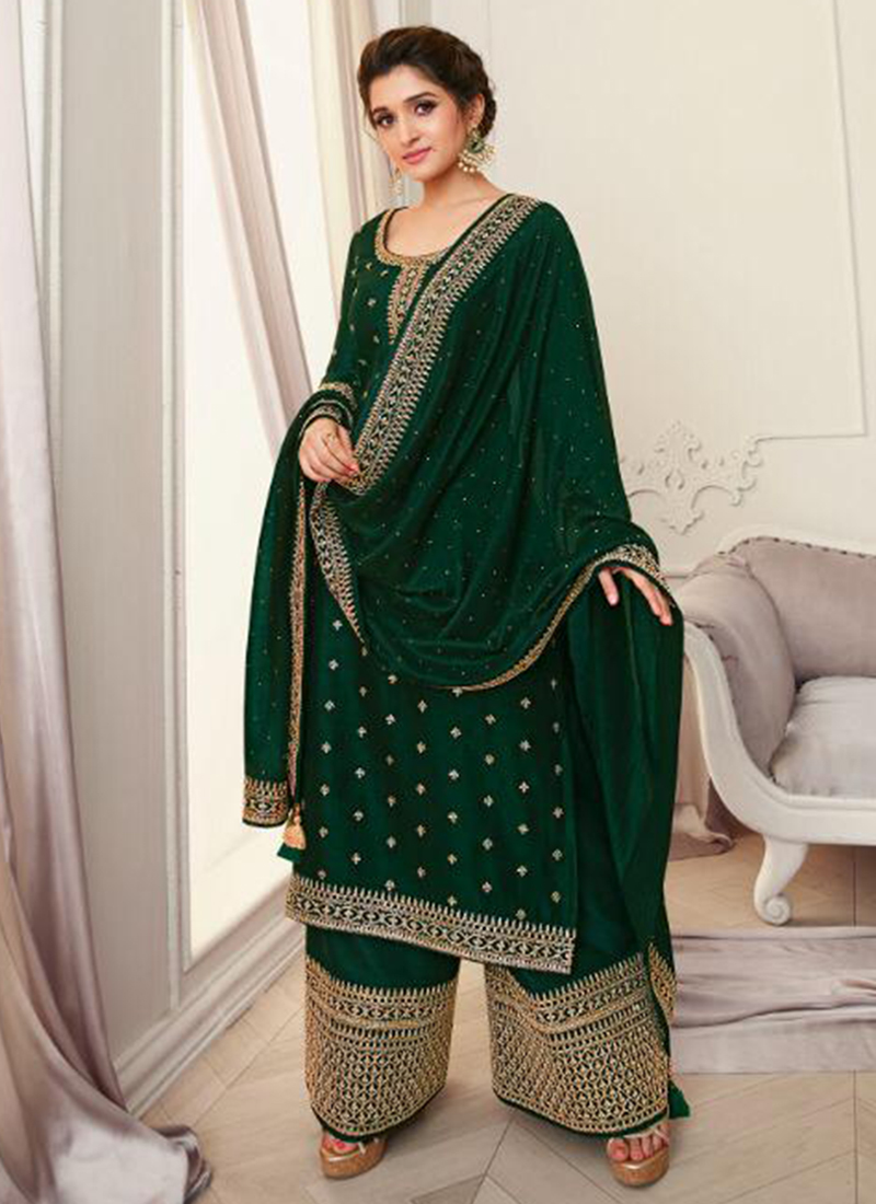 Buy Dark Green Vichitra Silk Festival Wear Embroidery Work Palazzo Suit Online From Wholesale Salwar