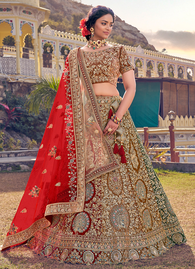 Multi Color Velvet Bridal Wear Thread Work Lehenga Choli