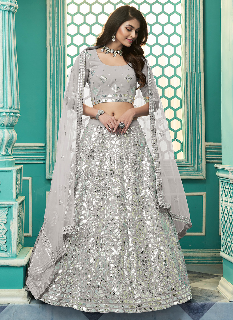 Buy leeza store Women's Grey Georgette Silver Sequins & Zari Patch Work  Flared Lehenga Choli With Dupatta at Amazon.in