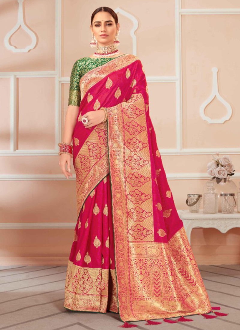 Buy Traditional Banarasi Silk Saree - Rani Hand Work Embroidered Saree –  Empress Clothing