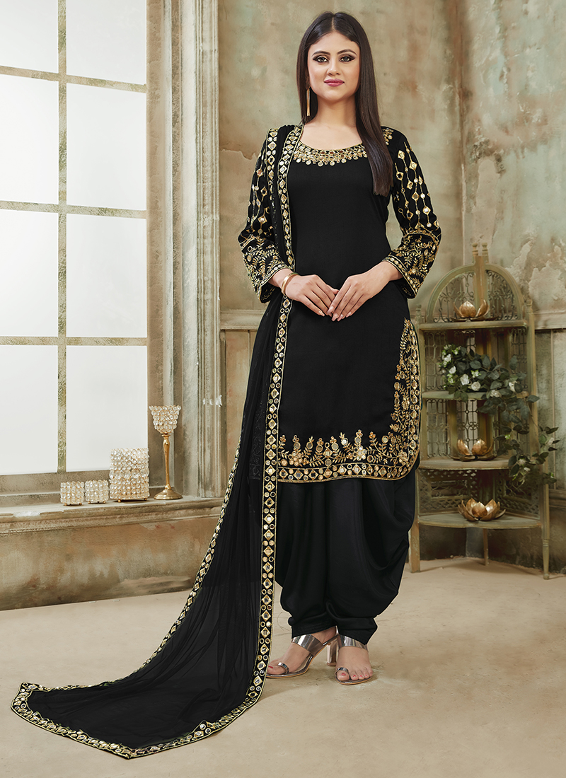 Buy Black Art Silk Traditional Wear Mirror Work Patiyala Suit Online ...