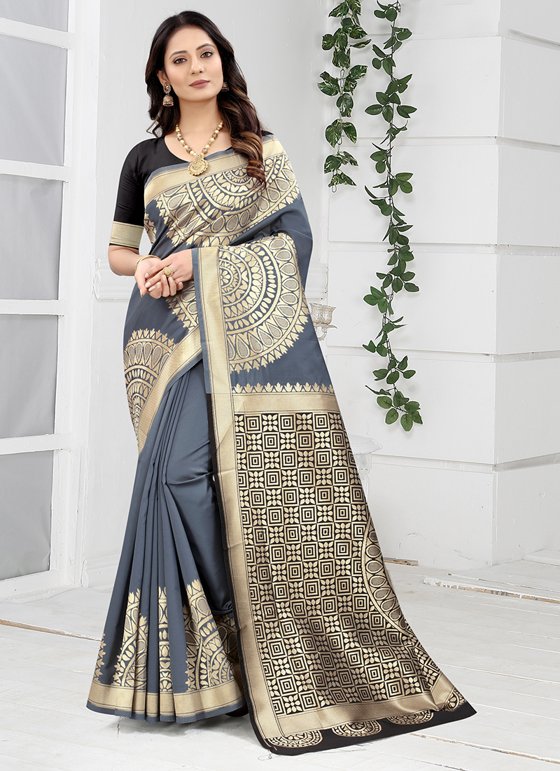 Grey silk saree with blouse 1423