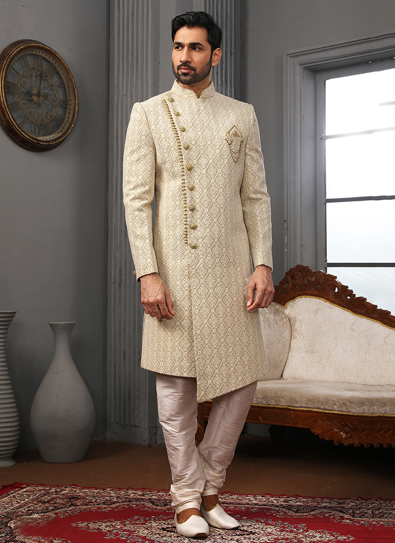Buy Sea Green Lucknowi Reception Wear Embroidery Work Sherwani