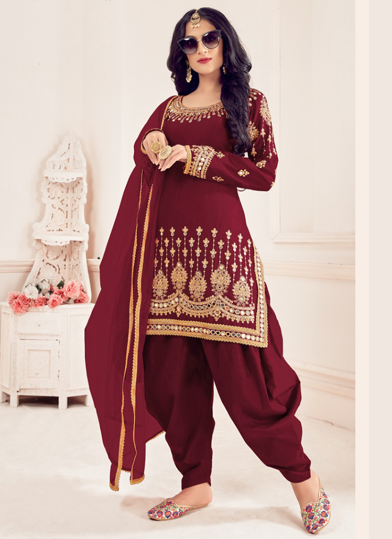 Buy Wine Soft Silk Wedding Wear Mirror Work Patiyala Suit Online ...
