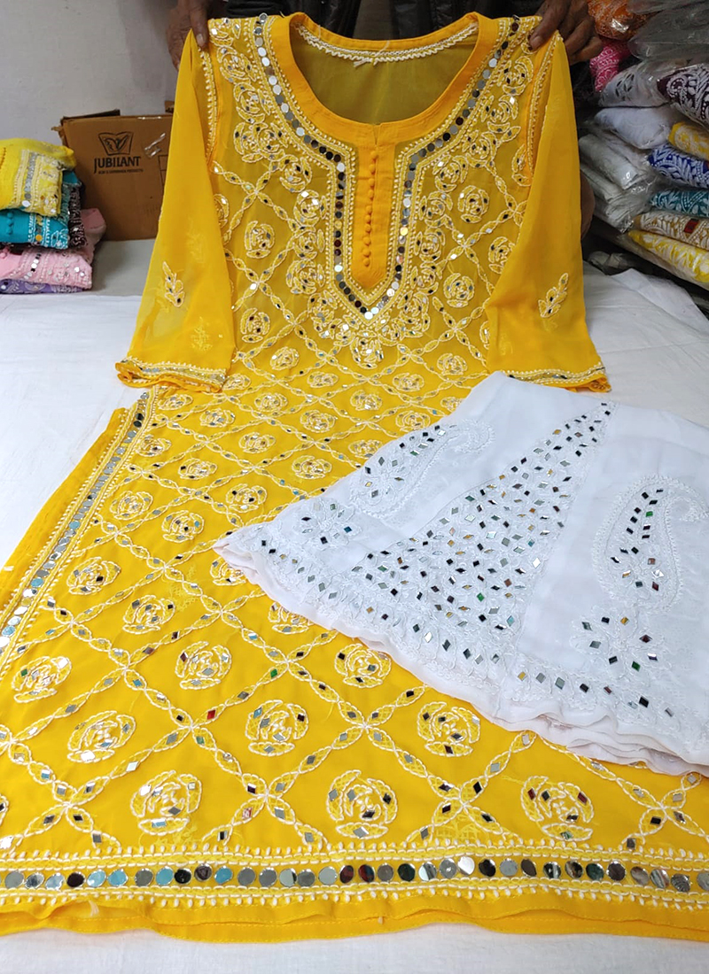Buy Mustard Georgette Traditional Wear Mirror Work Kurti With Sharara ...